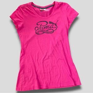 PUMA RETRO Y2K BABY WOMENS CUT ATHLETIC T-SHIRT CAP SLEEVE LOGO HOT PINK S